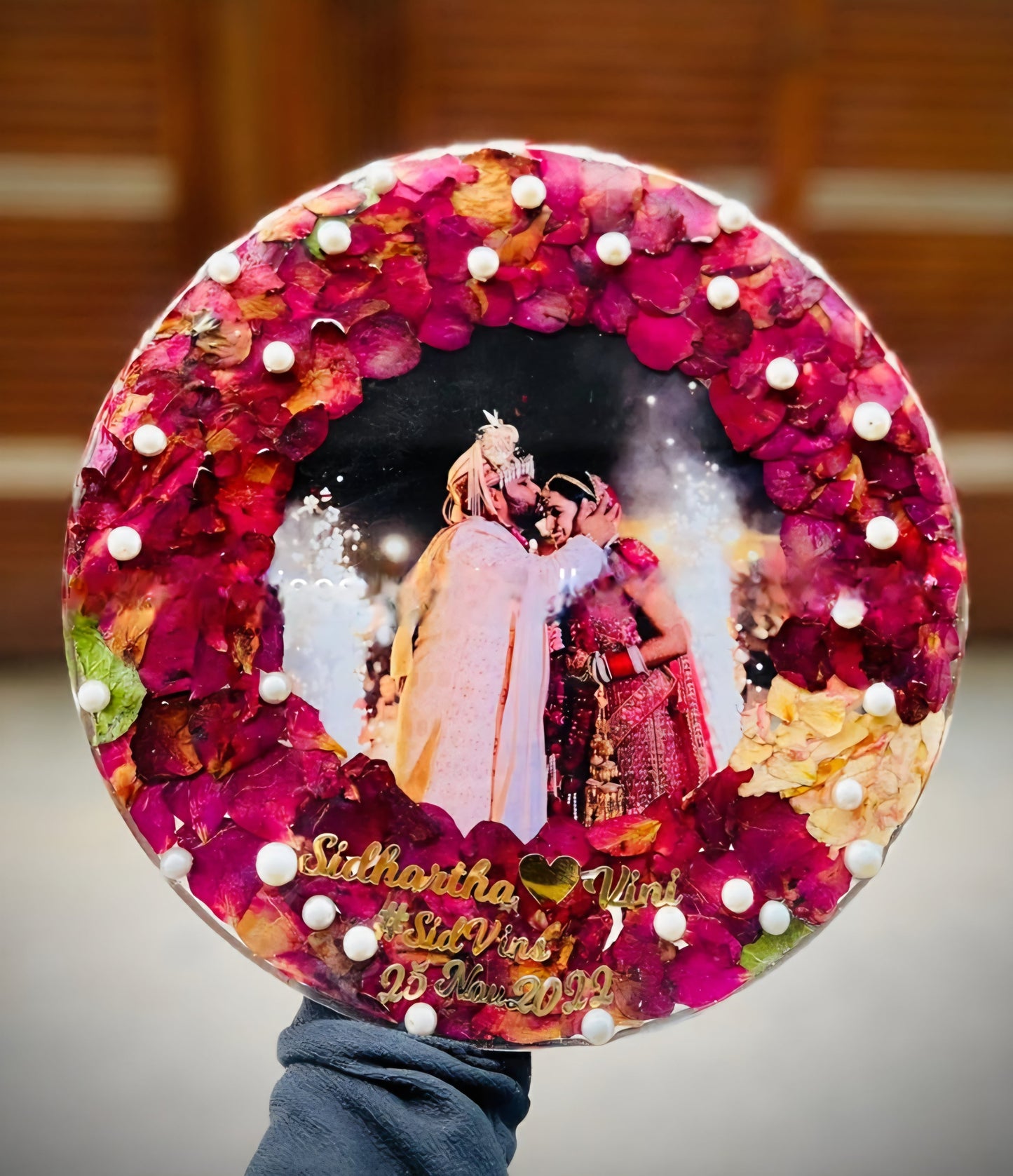 Custom Wedding Resin Photo Frame with Real Flowers & Pearls | Personalized Gift