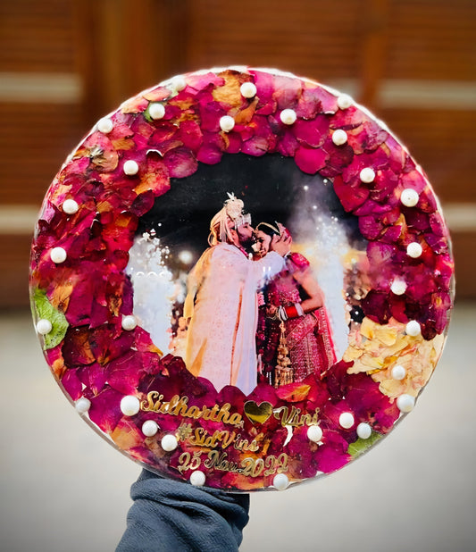 Custom Wedding Resin Photo Frame with Real Flowers & Pearls | Personalized Gift