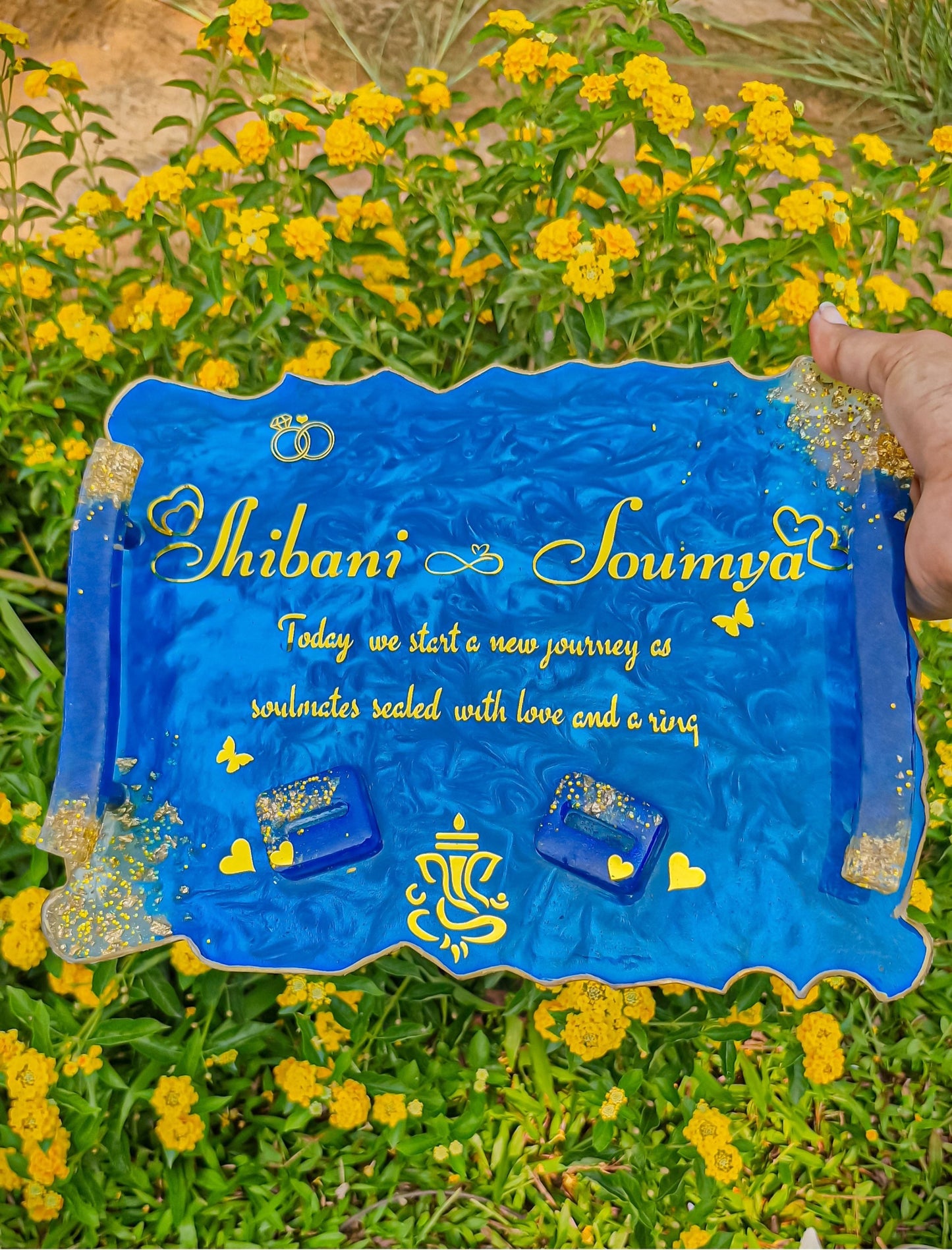 Personalized Resin Engagement Ring Platter | Custom Blue Gold Wedding Thali